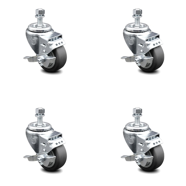 3 Inch Thermoplastic Rubber Swivel 10mm Threaded Stem Caster Set with Brake